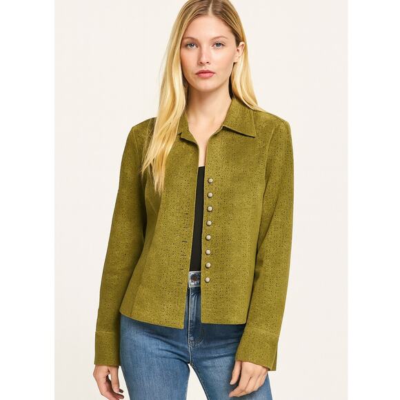 Aria 100% Leather Jacket Eyelet Moss Green Button Front Long Sleeve Size L - Picture 1 of 10